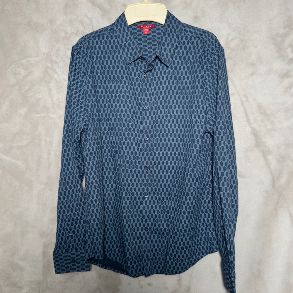 Guess Mens‎ Long Sleeve Button Down Shirt Geometric Print Blue Size M